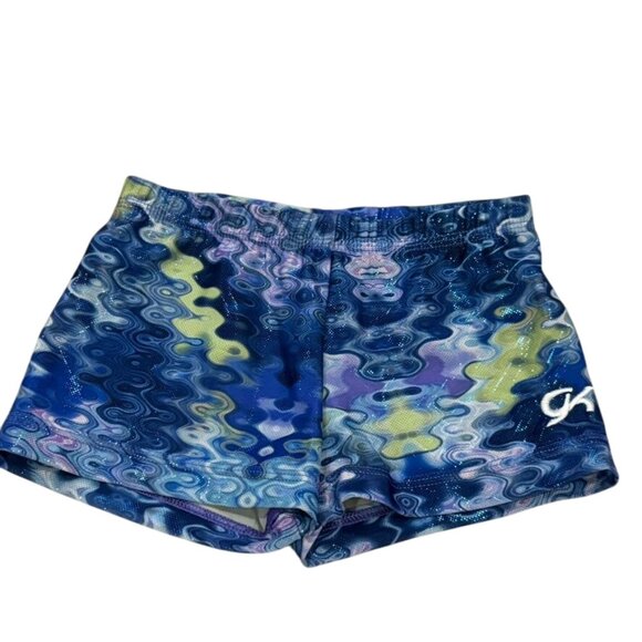 GK Elite Athletic Shorts AS Blue Purple Green Swirl Pattern Womens Gymnastics Ch - Picture 1 of 4